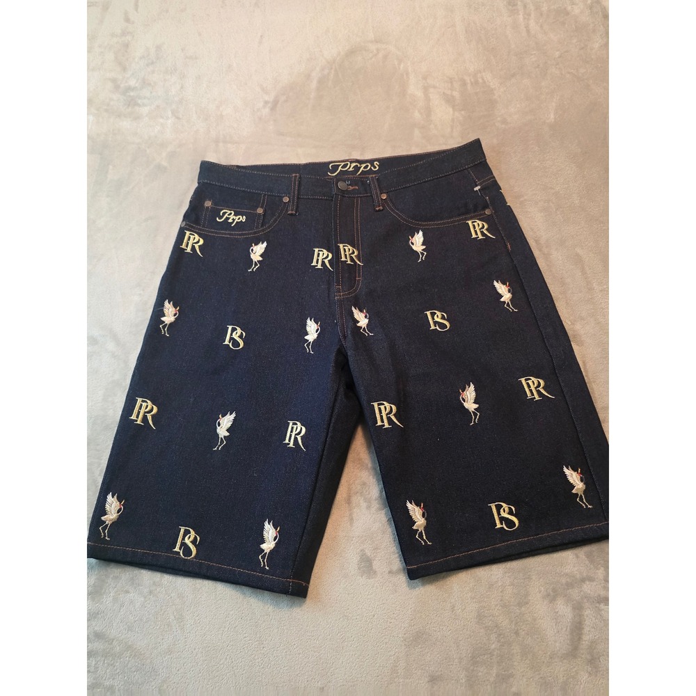 Prps Challenger Denim Shorts Mens 34 Dark Blue Embroidered Crane Logo Straight